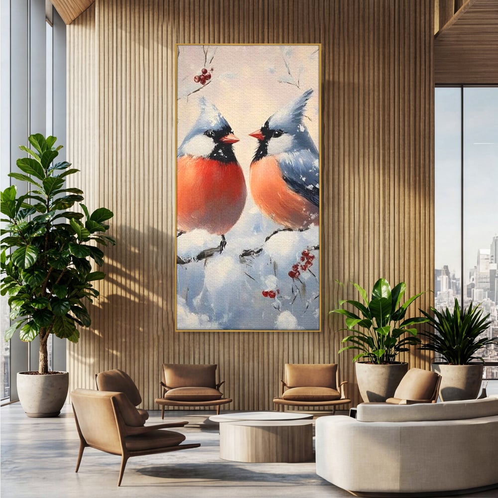 Tablou canvas cu tablou canvas cu doi pasari cardinali in iarna, in rama de aluminiu auriu, pe perete intr-un birou